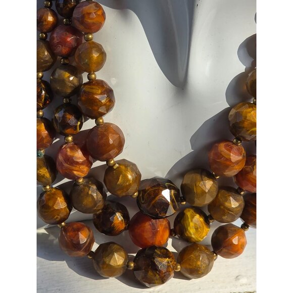 Vintage Multi-Strand Amber & Brown Beaded Choker Necklace With Gold-Tone Clasp - Picture 16 of 16